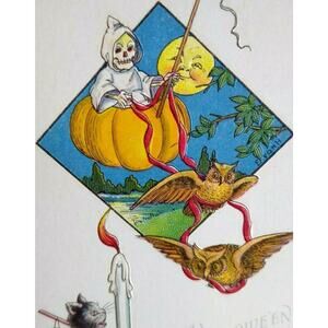 Halloween Postcard Grim Reaper Skeleton Fantasy Moon Owls Cat Signed E Von H